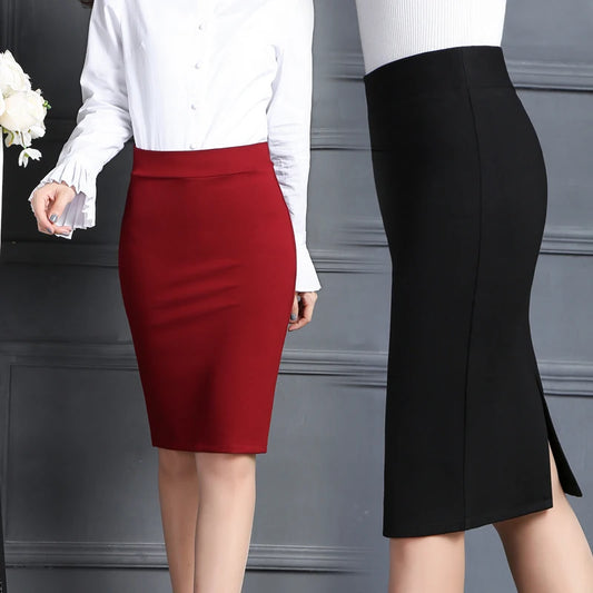 Midi Pencil Skirt Women&#39;s 2022 Trend Elastic High Waist Office Lady Bodycon Knee-Length Straight Skirts Elegant Slit Formal Suit