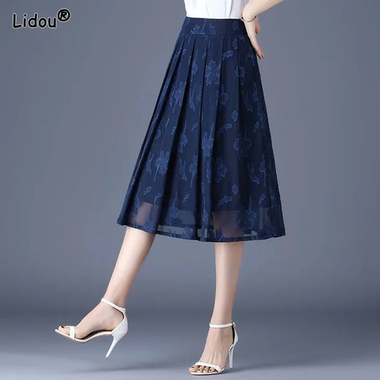 Summer Chiffon Embroidery Empire Mid-calf Floral A-line Skirt Hot Selling Office Lady Folds Temperament Women&#39;s Clothing Grace